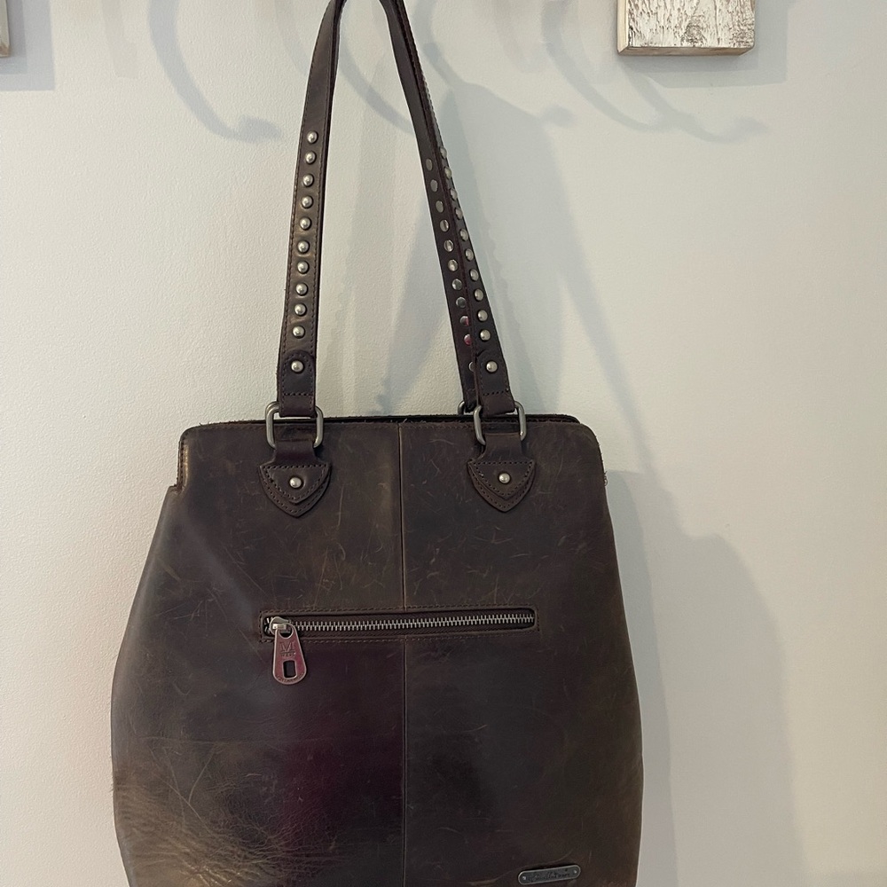Montana West Dark Brown Leather Studded Tote - Picture 1 of 6